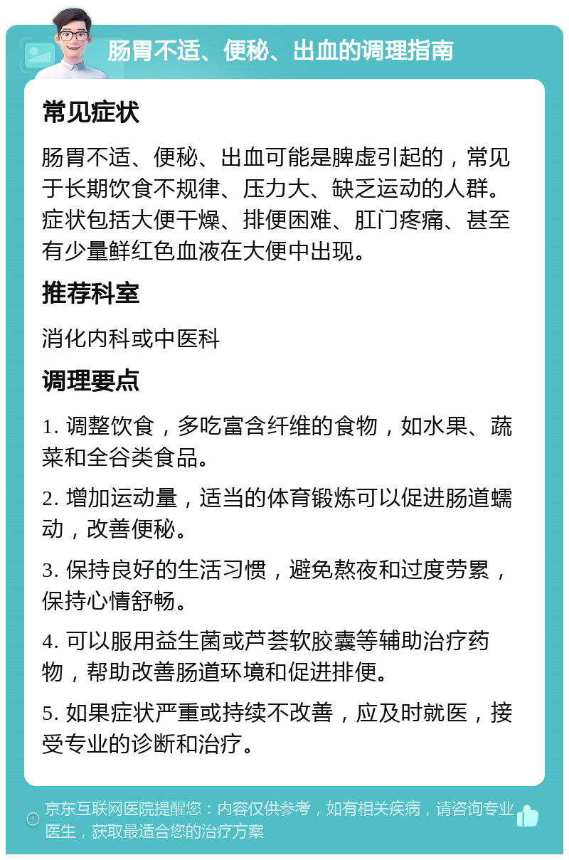 肠胃不适、便秘、出血的调理指南 常见症状 肠胃不适、便秘、出血可能是脾虚引起的，常见于长期饮食不规律、压力大、缺乏运动的人群。症状包括大便干燥、排便困难、肛门疼痛、甚至有少量鲜红色血液在大便中出现。 推荐科室 消化内科或中医科 调理要点 1. 调整饮食，多吃富含纤维的食物，如水果、蔬菜和全谷类食品。 2. 增加运动量，适当的体育锻炼可以促进肠道蠕动，改善便秘。 3. 保持良好的生活习惯，避免熬夜和过度劳累，保持心情舒畅。 4. 可以服用益生菌或芦荟软胶囊等辅助治疗药物，帮助改善肠道环境和促进排便。 5. 如果症状严重或持续不改善，应及时就医，接受专业的诊断和治疗。