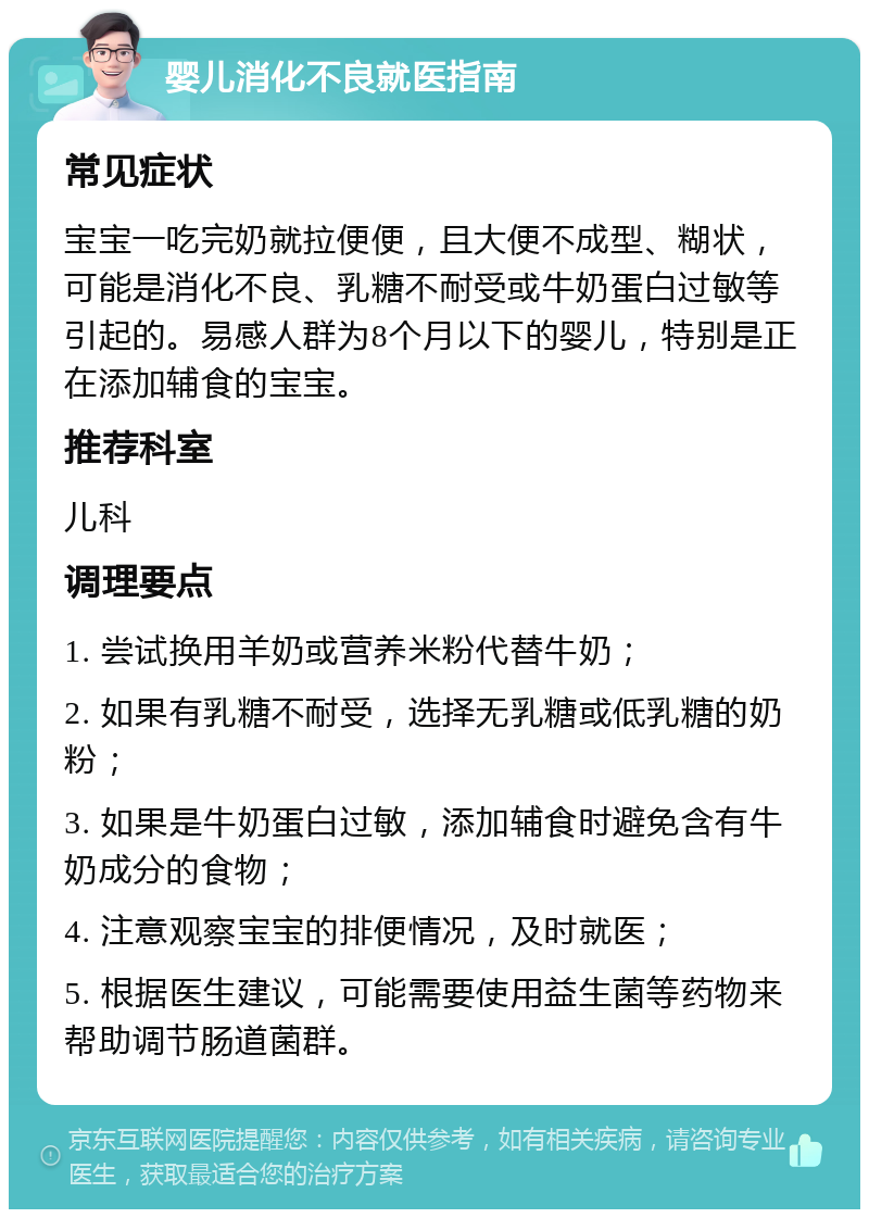 婴儿消化不良就医指南 常见症状 宝宝一吃完奶就拉便便，且大便不成型、糊状，可能是消化不良、乳糖不耐受或牛奶蛋白过敏等引起的。易感人群为8个月以下的婴儿，特别是正在添加辅食的宝宝。 推荐科室 儿科 调理要点 1. 尝试换用羊奶或营养米粉代替牛奶； 2. 如果有乳糖不耐受，选择无乳糖或低乳糖的奶粉； 3. 如果是牛奶蛋白过敏，添加辅食时避免含有牛奶成分的食物； 4. 注意观察宝宝的排便情况，及时就医； 5. 根据医生建议，可能需要使用益生菌等药物来帮助调节肠道菌群。