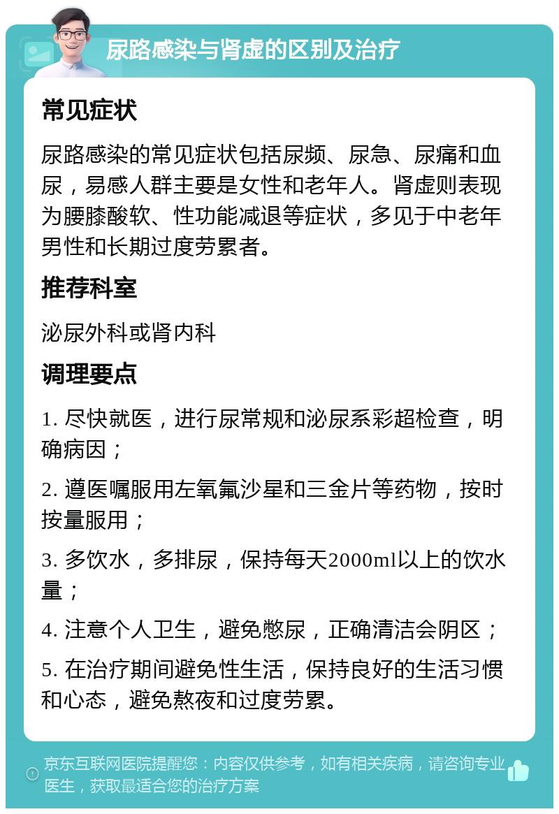 尿路感染与肾虚的区别及治疗 常见症状 尿路感染的常见症状包括尿频、尿急、尿痛和血尿，易感人群主要是女性和老年人。肾虚则表现为腰膝酸软、性功能减退等症状，多见于中老年男性和长期过度劳累者。 推荐科室 泌尿外科或肾内科 调理要点 1. 尽快就医，进行尿常规和泌尿系彩超检查，明确病因； 2. 遵医嘱服用左氧氟沙星和三金片等药物，按时按量服用； 3. 多饮水，多排尿，保持每天2000ml以上的饮水量； 4. 注意个人卫生，避免憋尿，正确清洁会阴区； 5. 在治疗期间避免性生活，保持良好的生活习惯和心态，避免熬夜和过度劳累。