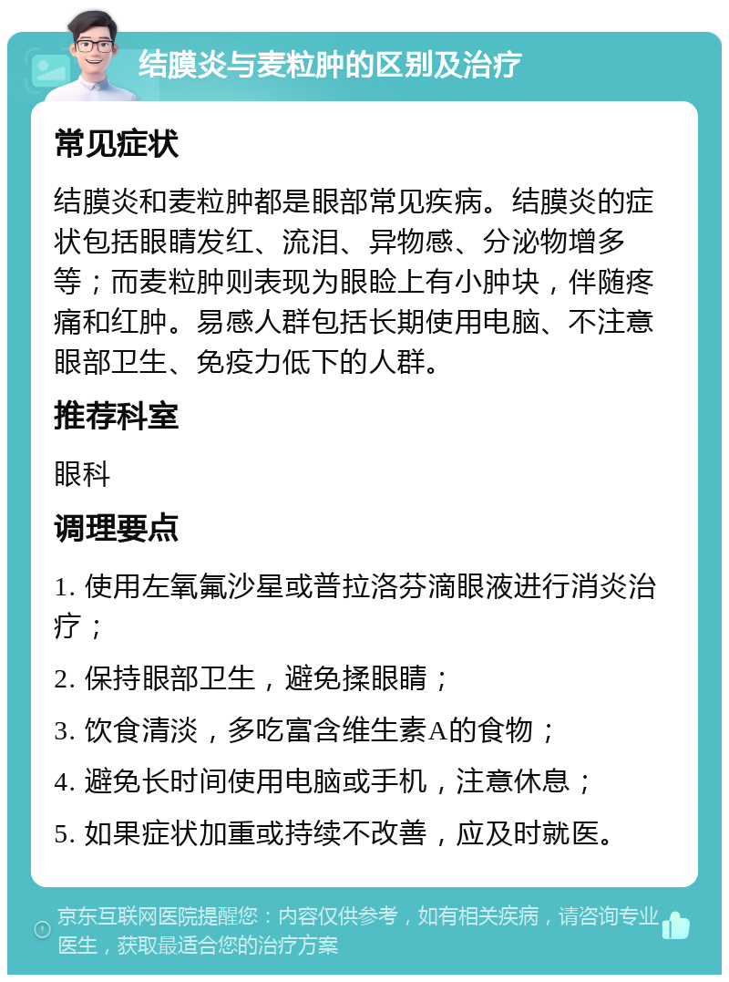 结膜炎与麦粒肿的区别及治疗 常见症状 结膜炎和麦粒肿都是眼部常见疾病。结膜炎的症状包括眼睛发红、流泪、异物感、分泌物增多等；而麦粒肿则表现为眼睑上有小肿块，伴随疼痛和红肿。易感人群包括长期使用电脑、不注意眼部卫生、免疫力低下的人群。 推荐科室 眼科 调理要点 1. 使用左氧氟沙星或普拉洛芬滴眼液进行消炎治疗； 2. 保持眼部卫生，避免揉眼睛； 3. 饮食清淡，多吃富含维生素A的食物； 4. 避免长时间使用电脑或手机，注意休息； 5. 如果症状加重或持续不改善，应及时就医。