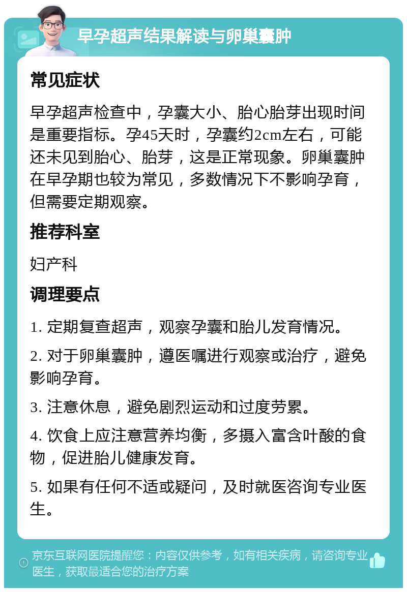 早孕超声结果解读与卵巢囊肿 常见症状 早孕超声检查中，孕囊大小、胎心胎芽出现时间是重要指标。孕45天时，孕囊约2cm左右，可能还未见到胎心、胎芽，这是正常现象。卵巢囊肿在早孕期也较为常见，多数情况下不影响孕育，但需要定期观察。 推荐科室 妇产科 调理要点 1. 定期复查超声，观察孕囊和胎儿发育情况。 2. 对于卵巢囊肿，遵医嘱进行观察或治疗，避免影响孕育。 3. 注意休息，避免剧烈运动和过度劳累。 4. 饮食上应注意营养均衡，多摄入富含叶酸的食物，促进胎儿健康发育。 5. 如果有任何不适或疑问，及时就医咨询专业医生。