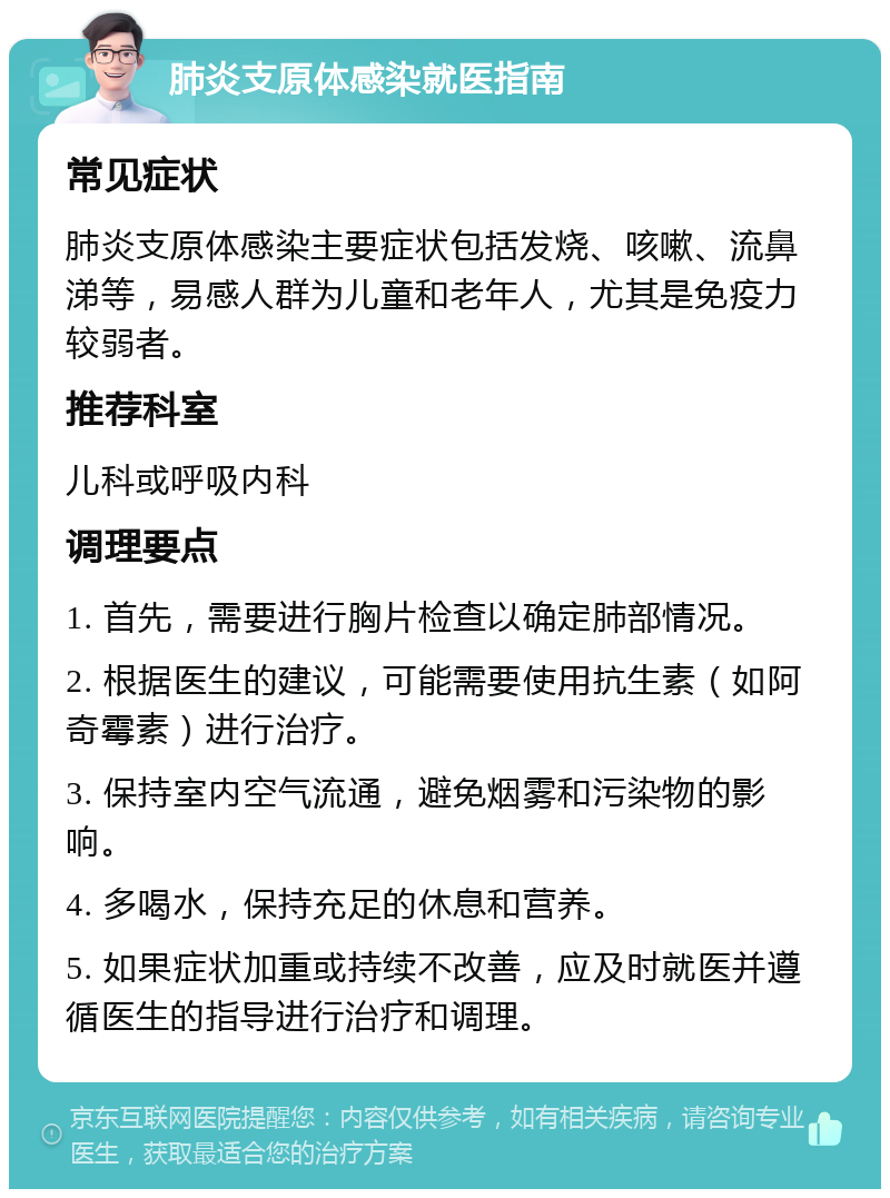 肺炎支原体感染就医指南 常见症状 肺炎支原体感染主要症状包括发烧、咳嗽、流鼻涕等，易感人群为儿童和老年人，尤其是免疫力较弱者。 推荐科室 儿科或呼吸内科 调理要点 1. 首先，需要进行胸片检查以确定肺部情况。 2. 根据医生的建议，可能需要使用抗生素（如阿奇霉素）进行治疗。 3. 保持室内空气流通，避免烟雾和污染物的影响。 4. 多喝水，保持充足的休息和营养。 5. 如果症状加重或持续不改善，应及时就医并遵循医生的指导进行治疗和调理。