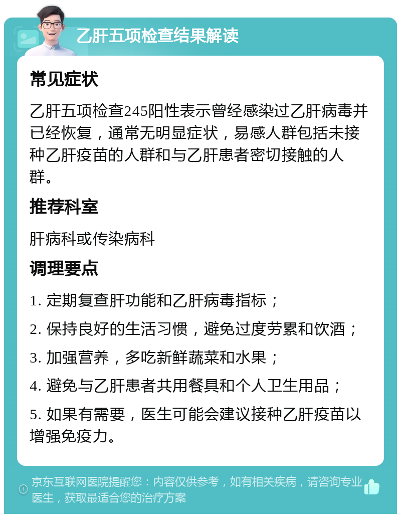 乙肝五项检查结果解读 常见症状 乙肝五项检查245阳性表示曾经感染过乙肝病毒并已经恢复，通常无明显症状，易感人群包括未接种乙肝疫苗的人群和与乙肝患者密切接触的人群。 推荐科室 肝病科或传染病科 调理要点 1. 定期复查肝功能和乙肝病毒指标； 2. 保持良好的生活习惯，避免过度劳累和饮酒； 3. 加强营养，多吃新鲜蔬菜和水果； 4. 避免与乙肝患者共用餐具和个人卫生用品； 5. 如果有需要，医生可能会建议接种乙肝疫苗以增强免疫力。