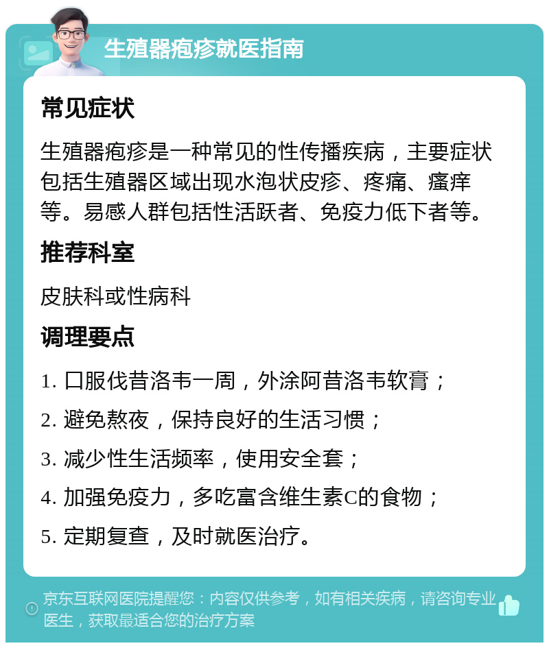 生殖器疱疹就医指南 常见症状 生殖器疱疹是一种常见的性传播疾病，主要症状包括生殖器区域出现水泡状皮疹、疼痛、瘙痒等。易感人群包括性活跃者、免疫力低下者等。 推荐科室 皮肤科或性病科 调理要点 1. 口服伐昔洛韦一周，外涂阿昔洛韦软膏； 2. 避免熬夜，保持良好的生活习惯； 3. 减少性生活频率，使用安全套； 4. 加强免疫力，多吃富含维生素C的食物； 5. 定期复查，及时就医治疗。