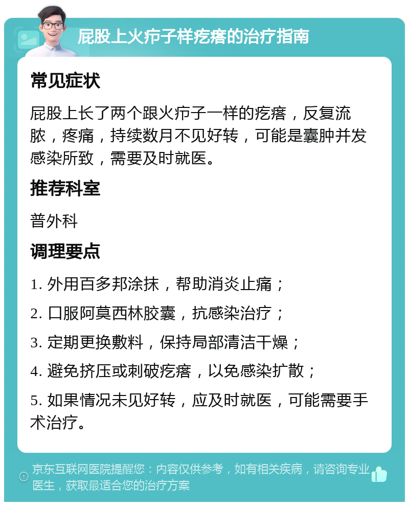 屁股上火疖子样疙瘩的治疗指南 常见症状 屁股上长了两个跟火疖子一样的疙瘩，反复流脓，疼痛，持续数月不见好转，可能是囊肿并发感染所致，需要及时就医。 推荐科室 普外科 调理要点 1. 外用百多邦涂抹，帮助消炎止痛； 2. 口服阿莫西林胶囊，抗感染治疗； 3. 定期更换敷料，保持局部清洁干燥； 4. 避免挤压或刺破疙瘩，以免感染扩散； 5. 如果情况未见好转，应及时就医，可能需要手术治疗。