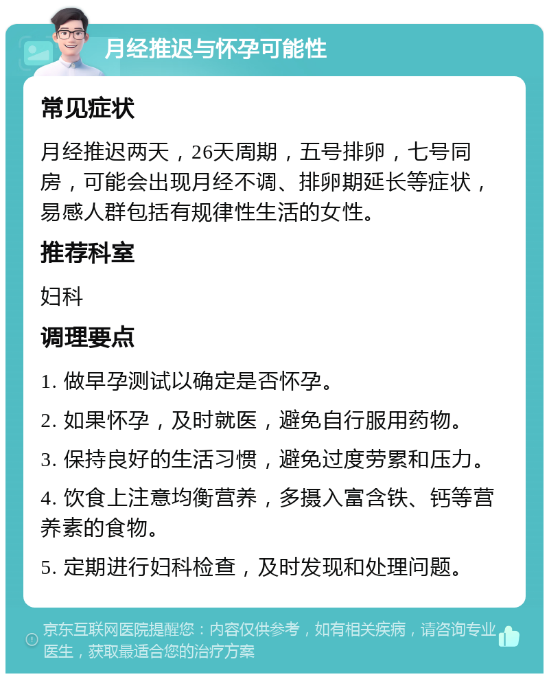 月经推迟与怀孕可能性 常见症状 月经推迟两天，26天周期，五号排卵，七号同房，可能会出现月经不调、排卵期延长等症状，易感人群包括有规律性生活的女性。 推荐科室 妇科 调理要点 1. 做早孕测试以确定是否怀孕。 2. 如果怀孕，及时就医，避免自行服用药物。 3. 保持良好的生活习惯，避免过度劳累和压力。 4. 饮食上注意均衡营养，多摄入富含铁、钙等营养素的食物。 5. 定期进行妇科检查，及时发现和处理问题。