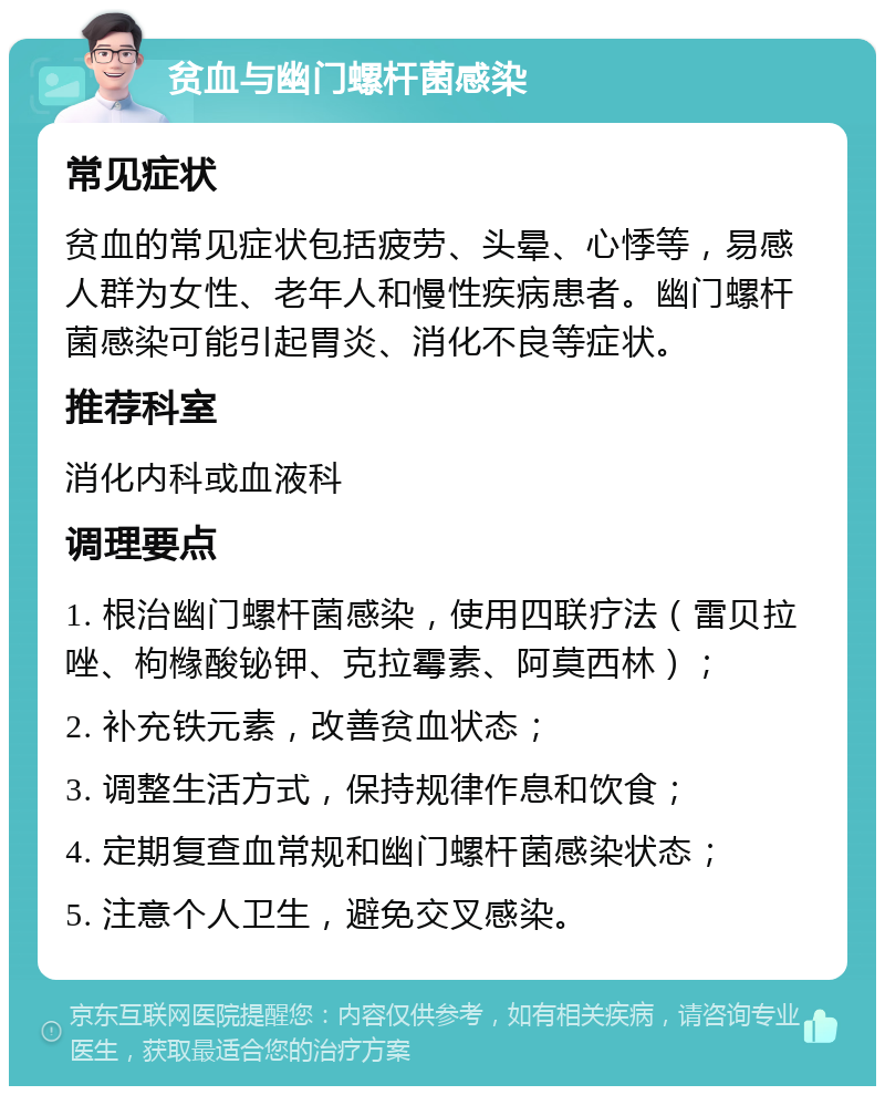 贫血与幽门螺杆菌感染 常见症状 贫血的常见症状包括疲劳、头晕、心悸等，易感人群为女性、老年人和慢性疾病患者。幽门螺杆菌感染可能引起胃炎、消化不良等症状。 推荐科室 消化内科或血液科 调理要点 1. 根治幽门螺杆菌感染，使用四联疗法（雷贝拉唑、枸橼酸铋钾、克拉霉素、阿莫西林）； 2. 补充铁元素，改善贫血状态； 3. 调整生活方式，保持规律作息和饮食； 4. 定期复查血常规和幽门螺杆菌感染状态； 5. 注意个人卫生，避免交叉感染。