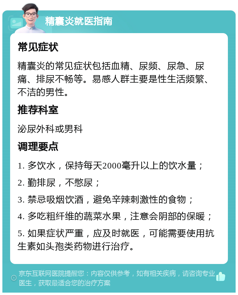 精囊炎就医指南 常见症状 精囊炎的常见症状包括血精、尿频、尿急、尿痛、排尿不畅等。易感人群主要是性生活频繁、不洁的男性。 推荐科室 泌尿外科或男科 调理要点 1. 多饮水，保持每天2000毫升以上的饮水量； 2. 勤排尿，不憋尿； 3. 禁忌吸烟饮酒，避免辛辣刺激性的食物； 4. 多吃粗纤维的蔬菜水果，注意会阴部的保暖； 5. 如果症状严重，应及时就医，可能需要使用抗生素如头孢类药物进行治疗。