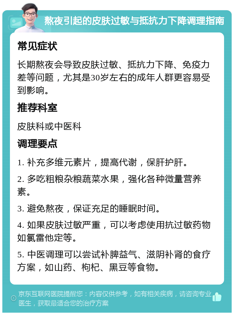 熬夜引起的皮肤过敏与抵抗力下降调理指南 常见症状 长期熬夜会导致皮肤过敏、抵抗力下降、免疫力差等问题，尤其是30岁左右的成年人群更容易受到影响。 推荐科室 皮肤科或中医科 调理要点 1. 补充多维元素片，提高代谢，保肝护肝。 2. 多吃粗粮杂粮蔬菜水果，强化各种微量营养素。 3. 避免熬夜，保证充足的睡眠时间。 4. 如果皮肤过敏严重，可以考虑使用抗过敏药物如氯雷他定等。 5. 中医调理可以尝试补脾益气、滋阴补肾的食疗方案，如山药、枸杞、黑豆等食物。