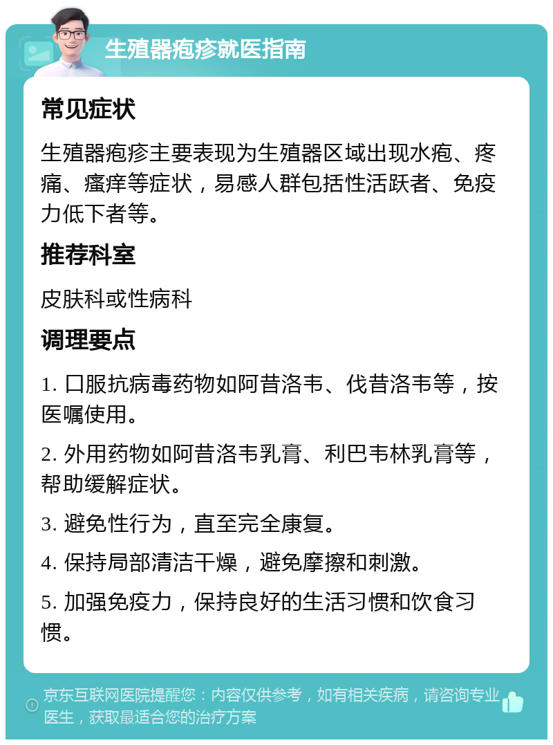 生殖器疱疹就医指南 常见症状 生殖器疱疹主要表现为生殖器区域出现水疱、疼痛、瘙痒等症状，易感人群包括性活跃者、免疫力低下者等。 推荐科室 皮肤科或性病科 调理要点 1. 口服抗病毒药物如阿昔洛韦、伐昔洛韦等，按医嘱使用。 2. 外用药物如阿昔洛韦乳膏、利巴韦林乳膏等，帮助缓解症状。 3. 避免性行为，直至完全康复。 4. 保持局部清洁干燥，避免摩擦和刺激。 5. 加强免疫力，保持良好的生活习惯和饮食习惯。