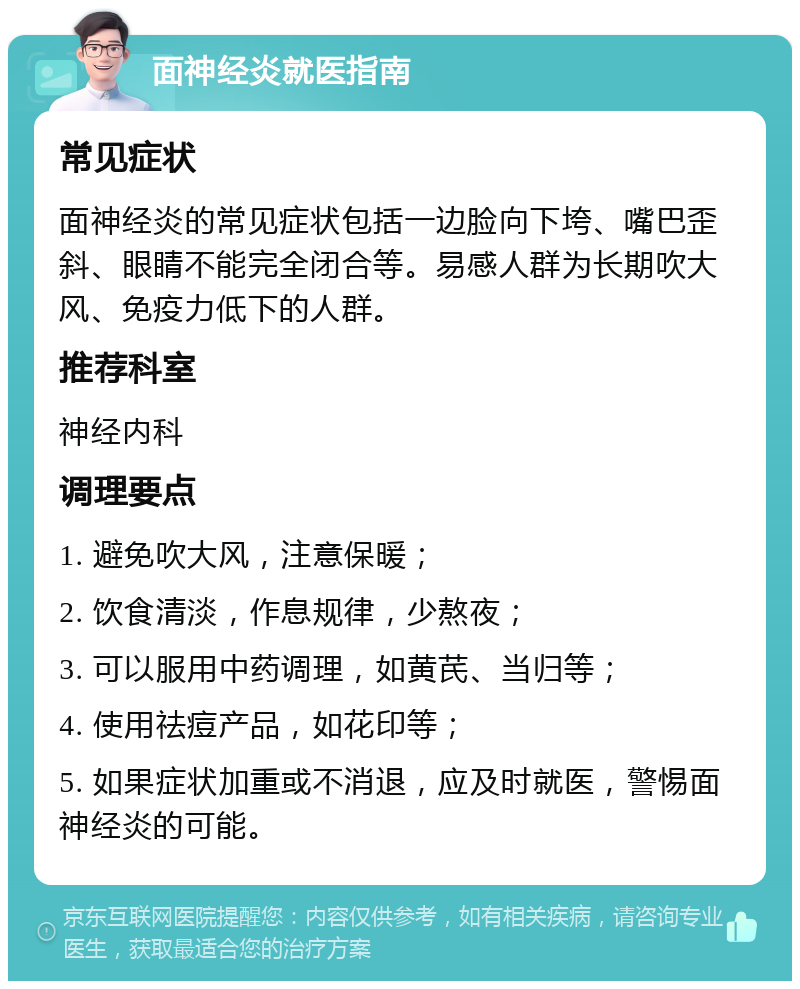 面神经炎就医指南 常见症状 面神经炎的常见症状包括一边脸向下垮、嘴巴歪斜、眼睛不能完全闭合等。易感人群为长期吹大风、免疫力低下的人群。 推荐科室 神经内科 调理要点 1. 避免吹大风，注意保暖； 2. 饮食清淡，作息规律，少熬夜； 3. 可以服用中药调理，如黄芪、当归等； 4. 使用祛痘产品，如花印等； 5. 如果症状加重或不消退，应及时就医，警惕面神经炎的可能。