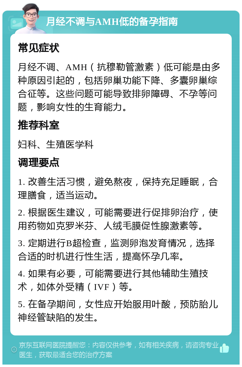 月经不调与AMH低的备孕指南 常见症状 月经不调、AMH（抗穆勒管激素）低可能是由多种原因引起的，包括卵巢功能下降、多囊卵巢综合征等。这些问题可能导致排卵障碍、不孕等问题，影响女性的生育能力。 推荐科室 妇科、生殖医学科 调理要点 1. 改善生活习惯，避免熬夜，保持充足睡眠，合理膳食，适当运动。 2. 根据医生建议，可能需要进行促排卵治疗，使用药物如克罗米芬、人绒毛膜促性腺激素等。 3. 定期进行B超检查，监测卵泡发育情况，选择合适的时机进行性生活，提高怀孕几率。 4. 如果有必要，可能需要进行其他辅助生殖技术，如体外受精（IVF）等。 5. 在备孕期间，女性应开始服用叶酸，预防胎儿神经管缺陷的发生。