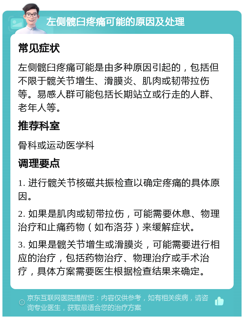 左侧髋臼疼痛可能的原因及处理 常见症状 左侧髋臼疼痛可能是由多种原因引起的，包括但不限于髋关节增生、滑膜炎、肌肉或韧带拉伤等。易感人群可能包括长期站立或行走的人群、老年人等。 推荐科室 骨科或运动医学科 调理要点 1. 进行髋关节核磁共振检查以确定疼痛的具体原因。 2. 如果是肌肉或韧带拉伤，可能需要休息、物理治疗和止痛药物（如布洛芬）来缓解症状。 3. 如果是髋关节增生或滑膜炎，可能需要进行相应的治疗，包括药物治疗、物理治疗或手术治疗，具体方案需要医生根据检查结果来确定。