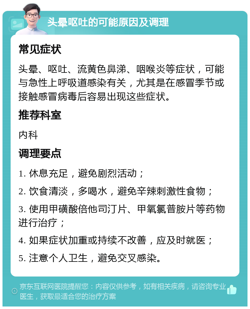 头晕呕吐的可能原因及调理 常见症状 头晕、呕吐、流黄色鼻涕、咽喉炎等症状，可能与急性上呼吸道感染有关，尤其是在感冒季节或接触感冒病毒后容易出现这些症状。 推荐科室 内科 调理要点 1. 休息充足，避免剧烈活动； 2. 饮食清淡，多喝水，避免辛辣刺激性食物； 3. 使用甲磺酸倍他司汀片、甲氧氯普胺片等药物进行治疗； 4. 如果症状加重或持续不改善，应及时就医； 5. 注意个人卫生，避免交叉感染。