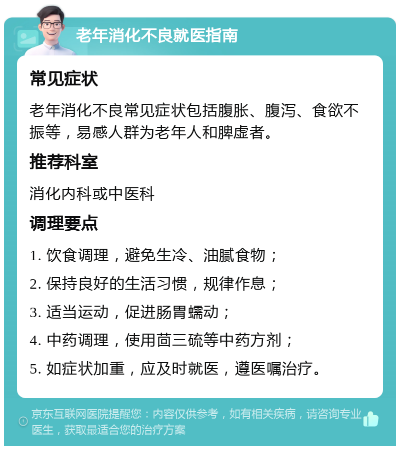 老年消化不良就医指南 常见症状 老年消化不良常见症状包括腹胀、腹泻、食欲不振等，易感人群为老年人和脾虚者。 推荐科室 消化内科或中医科 调理要点 1. 饮食调理，避免生冷、油腻食物； 2. 保持良好的生活习惯，规律作息； 3. 适当运动，促进肠胃蠕动； 4. 中药调理，使用茴三硫等中药方剂； 5. 如症状加重，应及时就医，遵医嘱治疗。