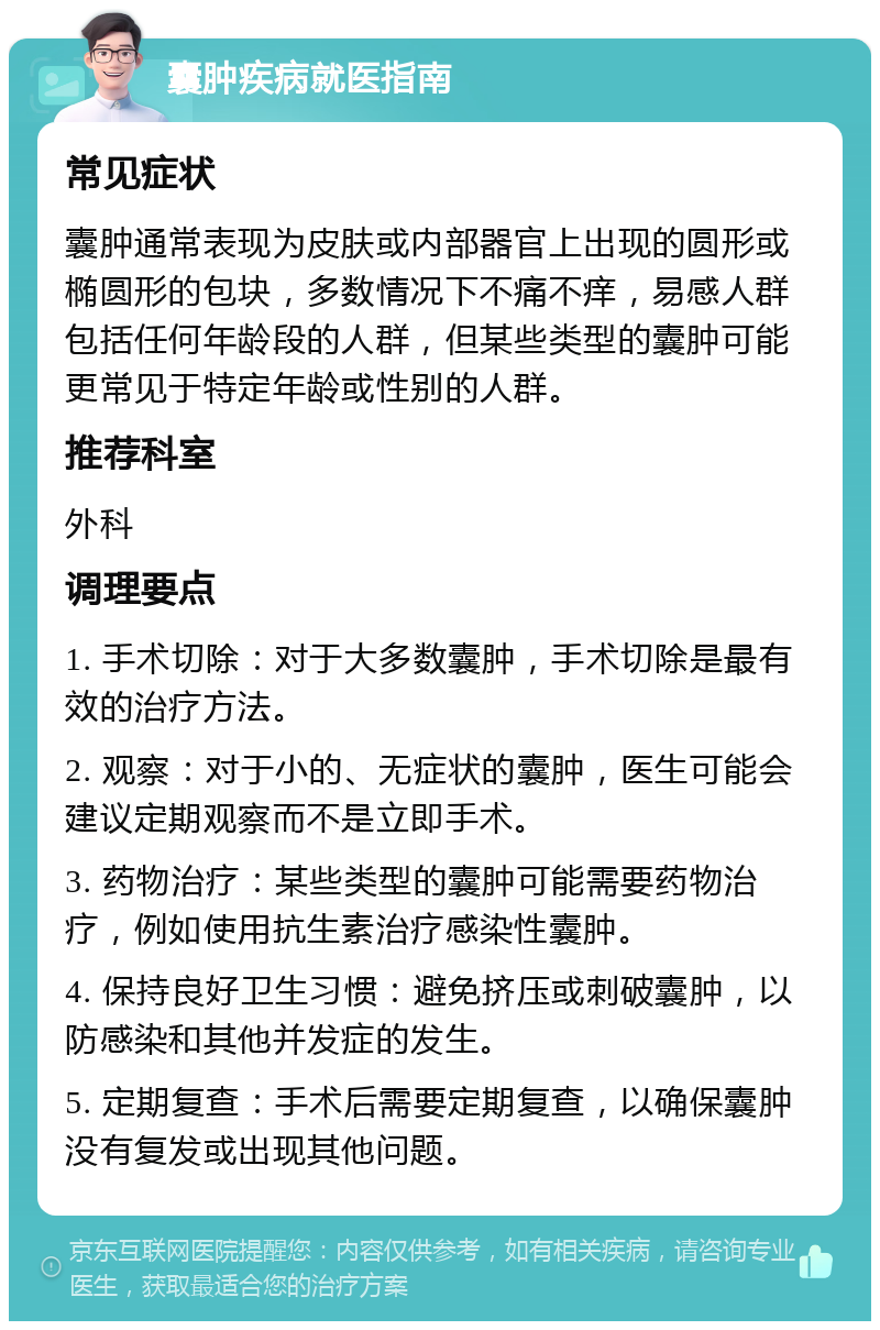 囊肿疾病就医指南 常见症状 囊肿通常表现为皮肤或内部器官上出现的圆形或椭圆形的包块，多数情况下不痛不痒，易感人群包括任何年龄段的人群，但某些类型的囊肿可能更常见于特定年龄或性别的人群。 推荐科室 外科 调理要点 1. 手术切除：对于大多数囊肿，手术切除是最有效的治疗方法。 2. 观察：对于小的、无症状的囊肿，医生可能会建议定期观察而不是立即手术。 3. 药物治疗：某些类型的囊肿可能需要药物治疗，例如使用抗生素治疗感染性囊肿。 4. 保持良好卫生习惯：避免挤压或刺破囊肿，以防感染和其他并发症的发生。 5. 定期复查：手术后需要定期复查，以确保囊肿没有复发或出现其他问题。