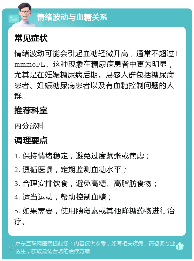 情绪波动与血糖关系 常见症状 情绪波动可能会引起血糖轻微升高，通常不超过1mmmol/L。这种现象在糖尿病患者中更为明显，尤其是在妊娠糖尿病后期。易感人群包括糖尿病患者、妊娠糖尿病患者以及有血糖控制问题的人群。 推荐科室 内分泌科 调理要点 1. 保持情绪稳定，避免过度紧张或焦虑； 2. 遵循医嘱，定期监测血糖水平； 3. 合理安排饮食，避免高糖、高脂肪食物； 4. 适当运动，帮助控制血糖； 5. 如果需要，使用胰岛素或其他降糖药物进行治疗。