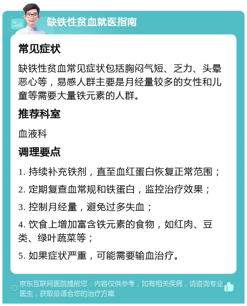 缺铁性贫血就医指南 常见症状 缺铁性贫血常见症状包括胸闷气短、乏力、头晕恶心等，易感人群主要是月经量较多的女性和儿童等需要大量铁元素的人群。 推荐科室 血液科 调理要点 1. 持续补充铁剂，直至血红蛋白恢复正常范围； 2. 定期复查血常规和铁蛋白，监控治疗效果； 3. 控制月经量，避免过多失血； 4. 饮食上增加富含铁元素的食物，如红肉、豆类、绿叶蔬菜等； 5. 如果症状严重，可能需要输血治疗。