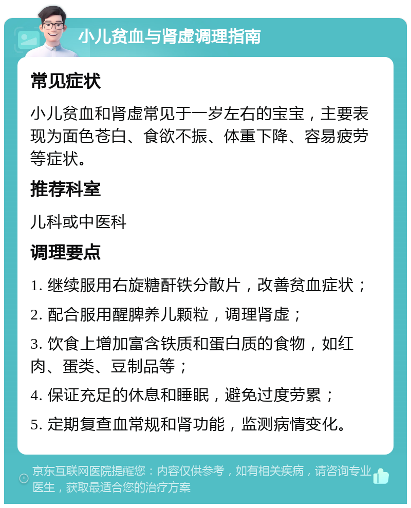 小儿贫血与肾虚调理指南 常见症状 小儿贫血和肾虚常见于一岁左右的宝宝，主要表现为面色苍白、食欲不振、体重下降、容易疲劳等症状。 推荐科室 儿科或中医科 调理要点 1. 继续服用右旋糖酐铁分散片，改善贫血症状； 2. 配合服用醒脾养儿颗粒，调理肾虚； 3. 饮食上增加富含铁质和蛋白质的食物，如红肉、蛋类、豆制品等； 4. 保证充足的休息和睡眠，避免过度劳累； 5. 定期复查血常规和肾功能，监测病情变化。