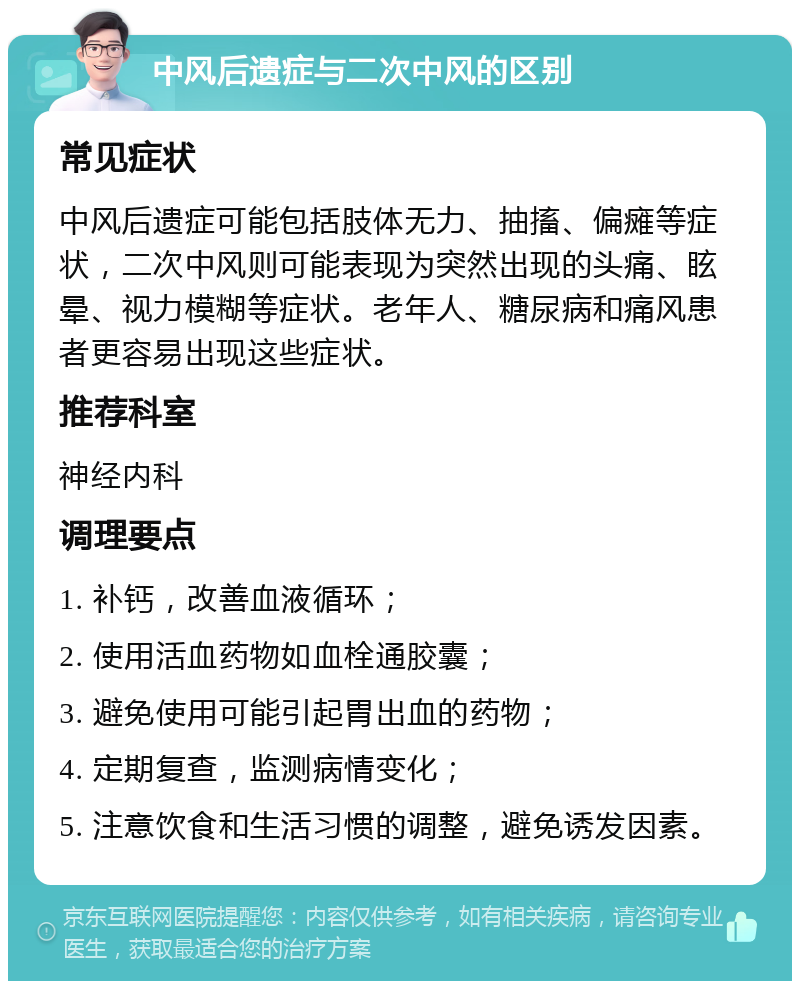 中风后遗症与二次中风的区别 常见症状 中风后遗症可能包括肢体无力、抽搐、偏瘫等症状，二次中风则可能表现为突然出现的头痛、眩晕、视力模糊等症状。老年人、糖尿病和痛风患者更容易出现这些症状。 推荐科室 神经内科 调理要点 1. 补钙，改善血液循环； 2. 使用活血药物如血栓通胶囊； 3. 避免使用可能引起胃出血的药物； 4. 定期复查，监测病情变化； 5. 注意饮食和生活习惯的调整，避免诱发因素。