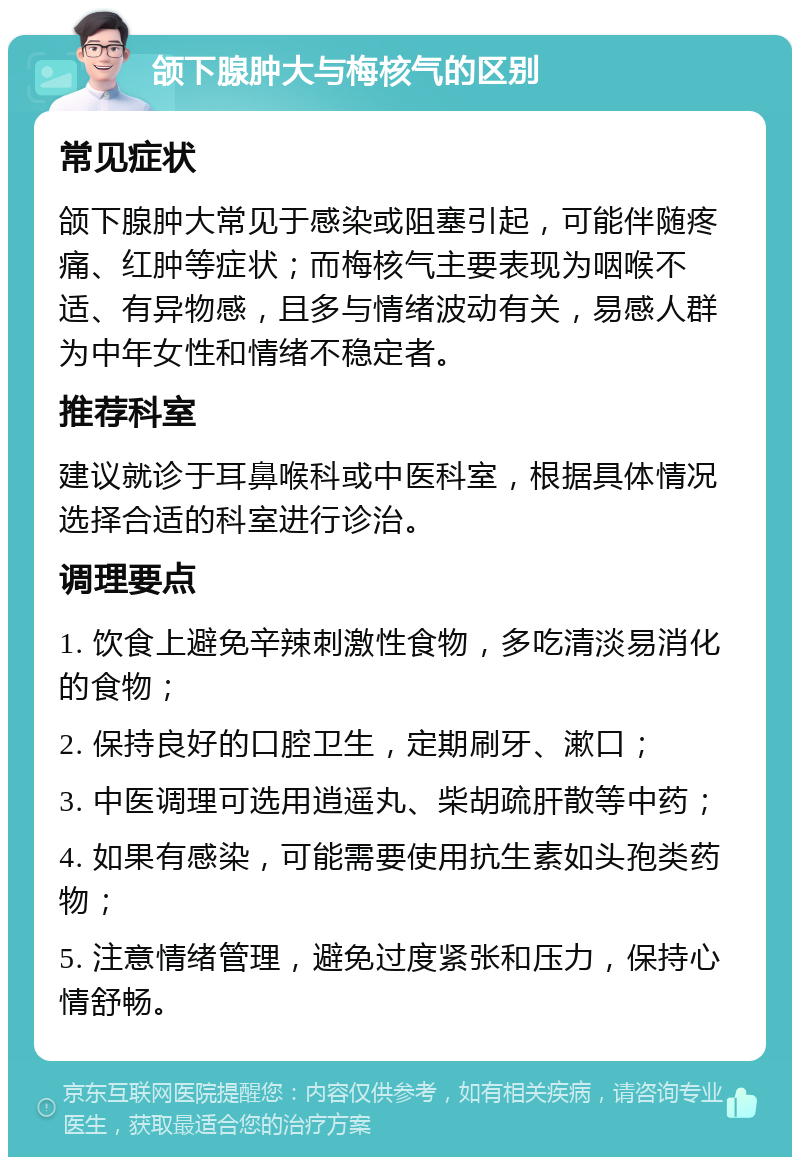 颌下腺肿大与梅核气的区别 常见症状 颌下腺肿大常见于感染或阻塞引起，可能伴随疼痛、红肿等症状；而梅核气主要表现为咽喉不适、有异物感，且多与情绪波动有关，易感人群为中年女性和情绪不稳定者。 推荐科室 建议就诊于耳鼻喉科或中医科室，根据具体情况选择合适的科室进行诊治。 调理要点 1. 饮食上避免辛辣刺激性食物，多吃清淡易消化的食物； 2. 保持良好的口腔卫生，定期刷牙、漱口； 3. 中医调理可选用逍遥丸、柴胡疏肝散等中药； 4. 如果有感染，可能需要使用抗生素如头孢类药物； 5. 注意情绪管理，避免过度紧张和压力，保持心情舒畅。