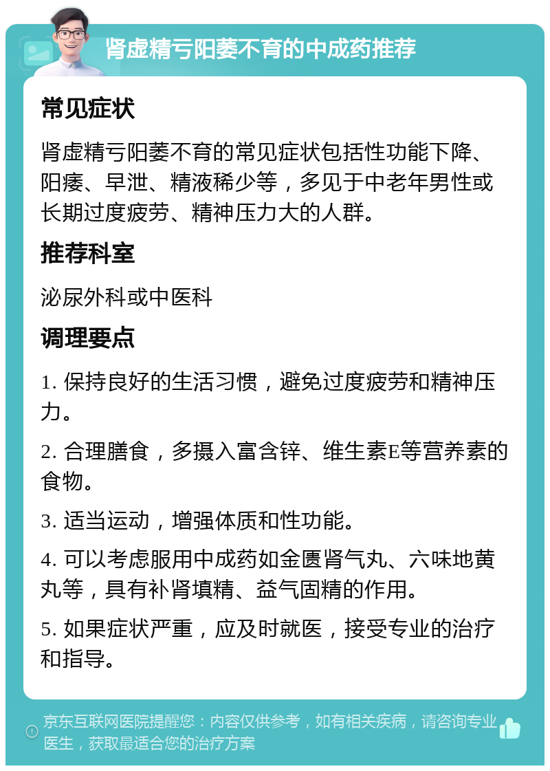 肾虚精亏阳萎不育的中成药推荐 常见症状 肾虚精亏阳萎不育的常见症状包括性功能下降、阳痿、早泄、精液稀少等，多见于中老年男性或长期过度疲劳、精神压力大的人群。 推荐科室 泌尿外科或中医科 调理要点 1. 保持良好的生活习惯，避免过度疲劳和精神压力。 2. 合理膳食，多摄入富含锌、维生素E等营养素的食物。 3. 适当运动，增强体质和性功能。 4. 可以考虑服用中成药如金匮肾气丸、六味地黄丸等，具有补肾填精、益气固精的作用。 5. 如果症状严重，应及时就医，接受专业的治疗和指导。