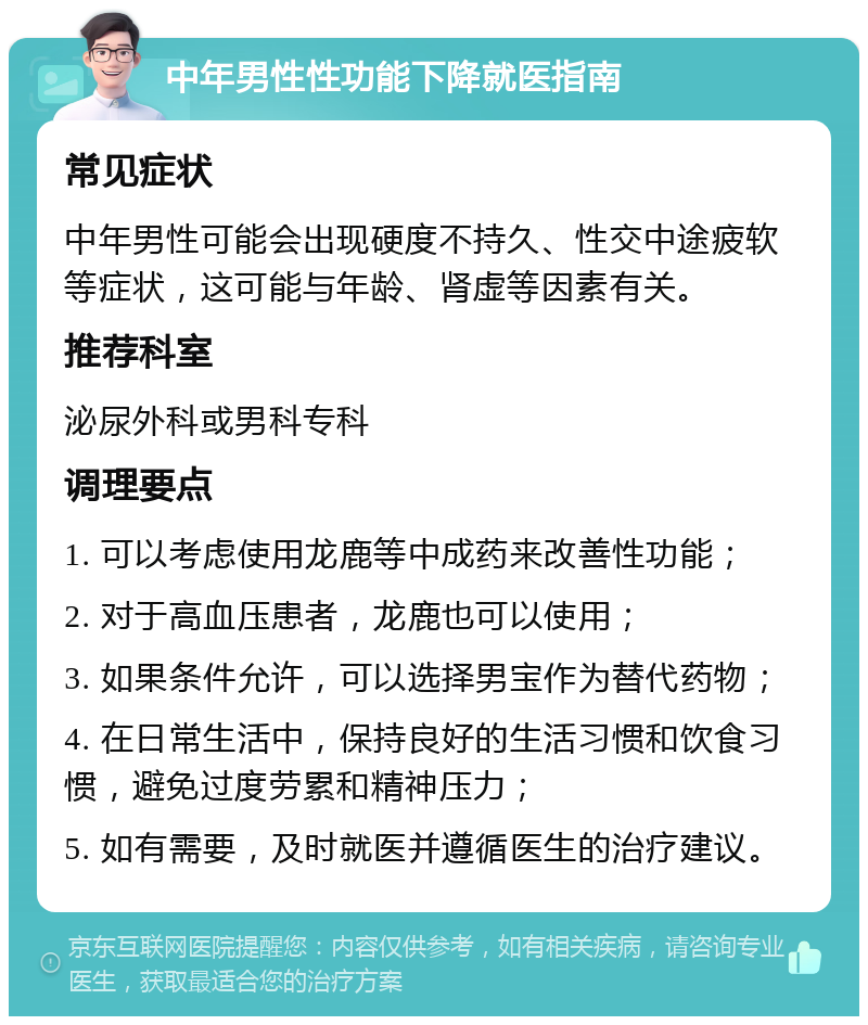 中年男性性功能下降就医指南 常见症状 中年男性可能会出现硬度不持久、性交中途疲软等症状，这可能与年龄、肾虚等因素有关。 推荐科室 泌尿外科或男科专科 调理要点 1. 可以考虑使用龙鹿等中成药来改善性功能； 2. 对于高血压患者，龙鹿也可以使用； 3. 如果条件允许，可以选择男宝作为替代药物； 4. 在日常生活中，保持良好的生活习惯和饮食习惯，避免过度劳累和精神压力； 5. 如有需要，及时就医并遵循医生的治疗建议。