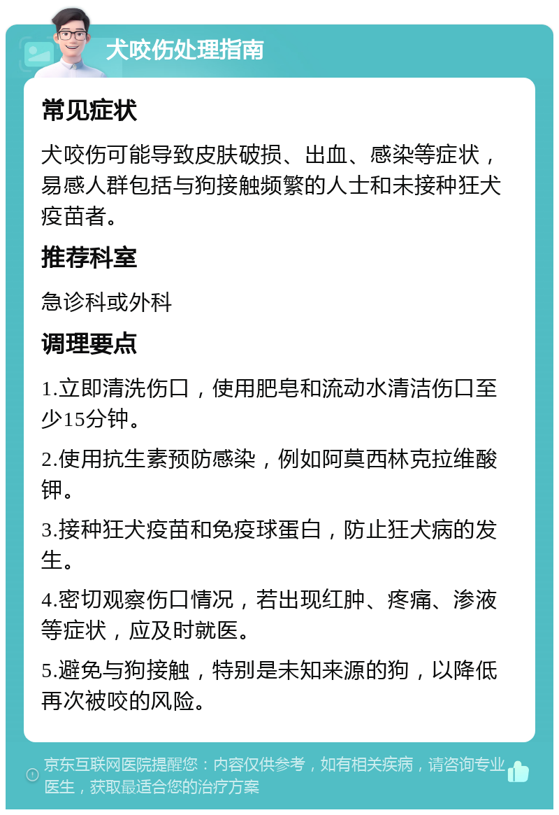 犬咬伤处理指南 常见症状 犬咬伤可能导致皮肤破损、出血、感染等症状，易感人群包括与狗接触频繁的人士和未接种狂犬疫苗者。 推荐科室 急诊科或外科 调理要点 1.立即清洗伤口，使用肥皂和流动水清洁伤口至少15分钟。 2.使用抗生素预防感染，例如阿莫西林克拉维酸钾。 3.接种狂犬疫苗和免疫球蛋白，防止狂犬病的发生。 4.密切观察伤口情况，若出现红肿、疼痛、渗液等症状，应及时就医。 5.避免与狗接触，特别是未知来源的狗，以降低再次被咬的风险。