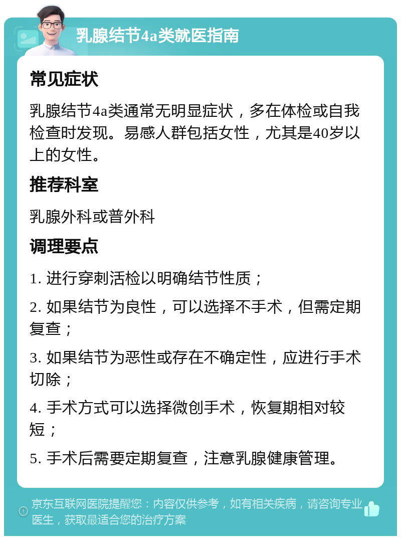 乳腺结节4a类就医指南 常见症状 乳腺结节4a类通常无明显症状，多在体检或自我检查时发现。易感人群包括女性，尤其是40岁以上的女性。 推荐科室 乳腺外科或普外科 调理要点 1. 进行穿刺活检以明确结节性质； 2. 如果结节为良性，可以选择不手术，但需定期复查； 3. 如果结节为恶性或存在不确定性，应进行手术切除； 4. 手术方式可以选择微创手术，恢复期相对较短； 5. 手术后需要定期复查，注意乳腺健康管理。