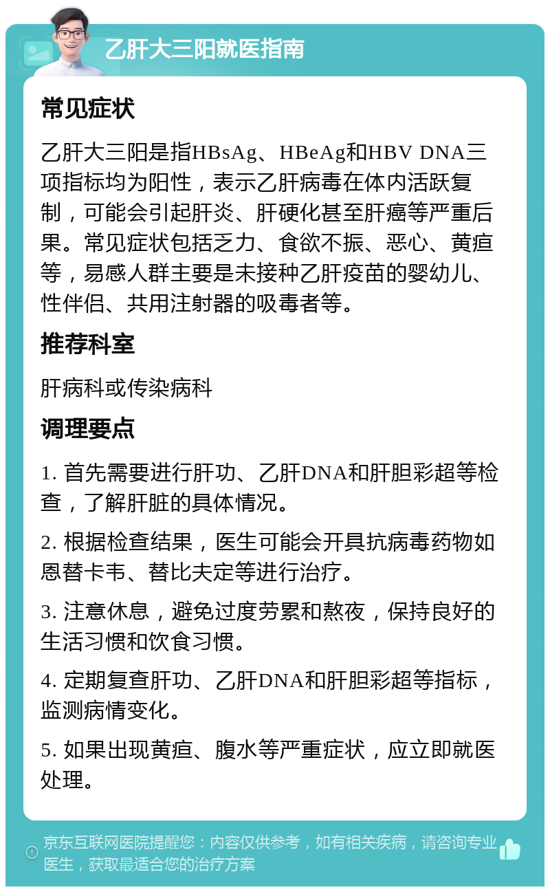 乙肝大三阳就医指南 常见症状 乙肝大三阳是指HBsAg、HBeAg和HBV DNA三项指标均为阳性，表示乙肝病毒在体内活跃复制，可能会引起肝炎、肝硬化甚至肝癌等严重后果。常见症状包括乏力、食欲不振、恶心、黄疸等，易感人群主要是未接种乙肝疫苗的婴幼儿、性伴侣、共用注射器的吸毒者等。 推荐科室 肝病科或传染病科 调理要点 1. 首先需要进行肝功、乙肝DNA和肝胆彩超等检查，了解肝脏的具体情况。 2. 根据检查结果，医生可能会开具抗病毒药物如恩替卡韦、替比夫定等进行治疗。 3. 注意休息，避免过度劳累和熬夜，保持良好的生活习惯和饮食习惯。 4. 定期复查肝功、乙肝DNA和肝胆彩超等指标，监测病情变化。 5. 如果出现黄疸、腹水等严重症状，应立即就医处理。