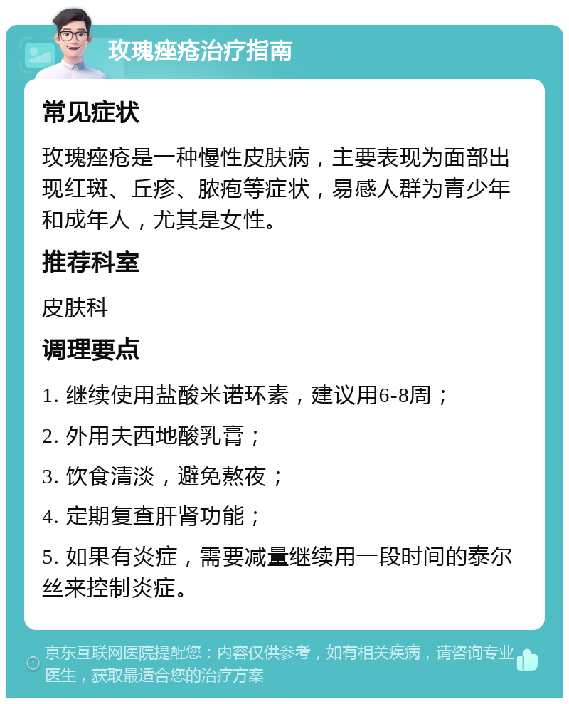 玫瑰痤疮治疗指南 常见症状 玫瑰痤疮是一种慢性皮肤病，主要表现为面部出现红斑、丘疹、脓疱等症状，易感人群为青少年和成年人，尤其是女性。 推荐科室 皮肤科 调理要点 1. 继续使用盐酸米诺环素，建议用6-8周； 2. 外用夫西地酸乳膏； 3. 饮食清淡，避免熬夜； 4. 定期复查肝肾功能； 5. 如果有炎症，需要减量继续用一段时间的泰尔丝来控制炎症。