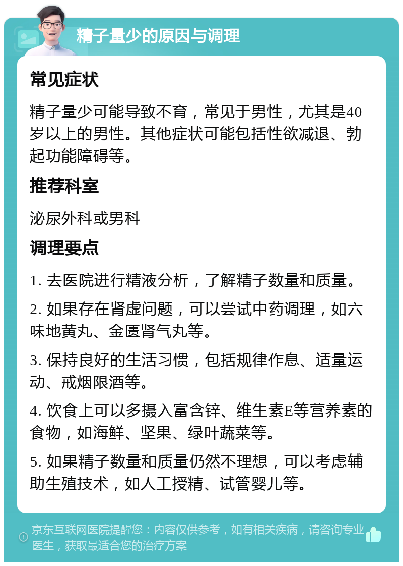 精子量少的原因与调理 常见症状 精子量少可能导致不育，常见于男性，尤其是40岁以上的男性。其他症状可能包括性欲减退、勃起功能障碍等。 推荐科室 泌尿外科或男科 调理要点 1. 去医院进行精液分析，了解精子数量和质量。 2. 如果存在肾虚问题，可以尝试中药调理，如六味地黄丸、金匮肾气丸等。 3. 保持良好的生活习惯，包括规律作息、适量运动、戒烟限酒等。 4. 饮食上可以多摄入富含锌、维生素E等营养素的食物，如海鲜、坚果、绿叶蔬菜等。 5. 如果精子数量和质量仍然不理想，可以考虑辅助生殖技术，如人工授精、试管婴儿等。