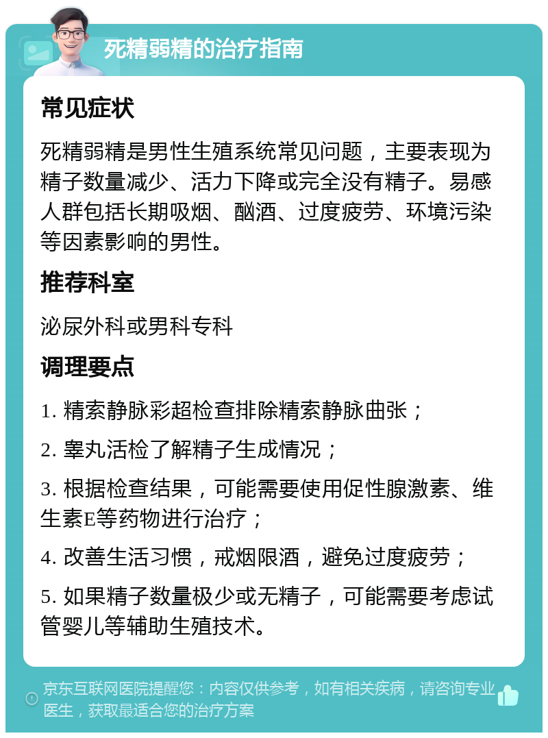 死精弱精的治疗指南 常见症状 死精弱精是男性生殖系统常见问题，主要表现为精子数量减少、活力下降或完全没有精子。易感人群包括长期吸烟、酗酒、过度疲劳、环境污染等因素影响的男性。 推荐科室 泌尿外科或男科专科 调理要点 1. 精索静脉彩超检查排除精索静脉曲张； 2. 睾丸活检了解精子生成情况； 3. 根据检查结果，可能需要使用促性腺激素、维生素E等药物进行治疗； 4. 改善生活习惯，戒烟限酒，避免过度疲劳； 5. 如果精子数量极少或无精子，可能需要考虑试管婴儿等辅助生殖技术。