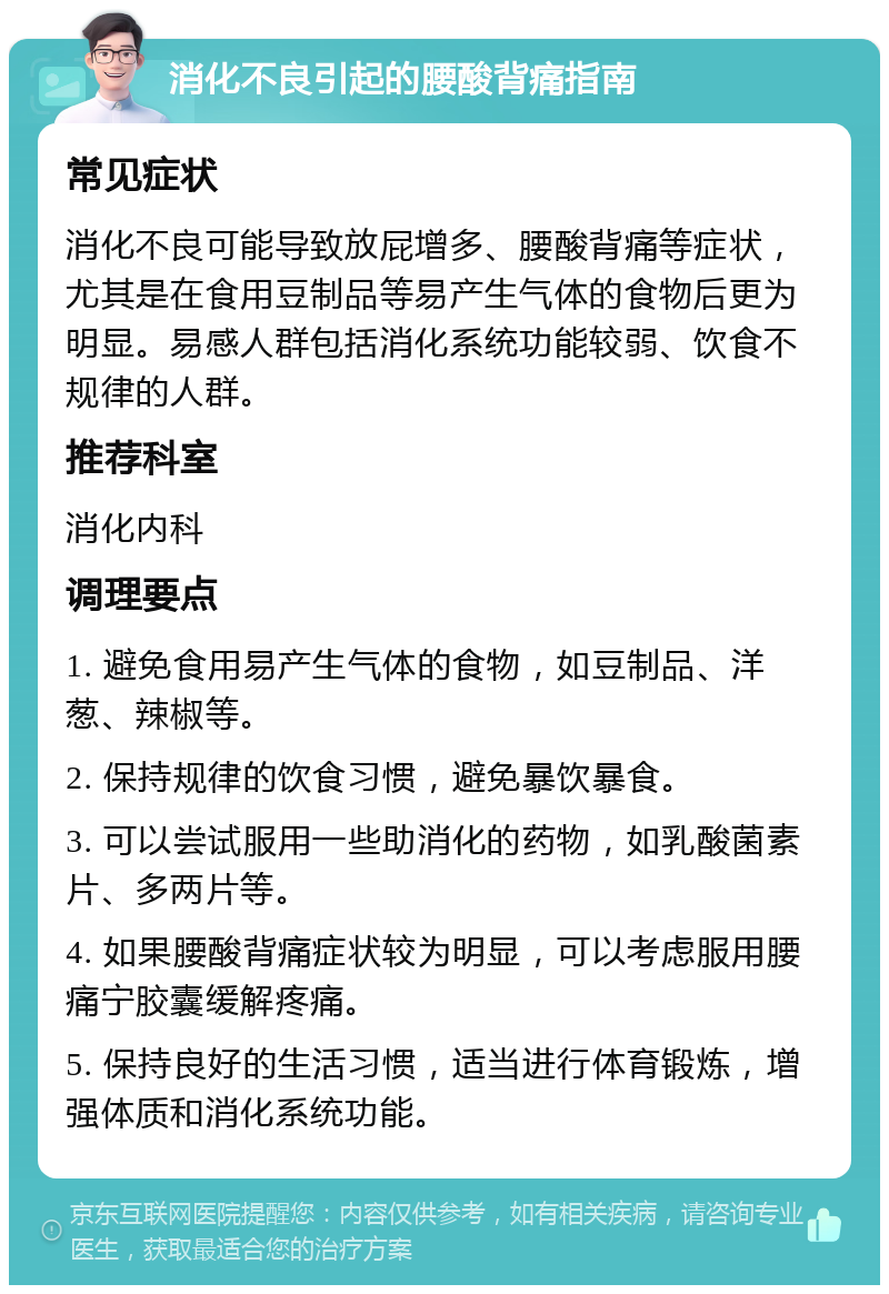 消化不良引起的腰酸背痛指南 常见症状 消化不良可能导致放屁增多、腰酸背痛等症状，尤其是在食用豆制品等易产生气体的食物后更为明显。易感人群包括消化系统功能较弱、饮食不规律的人群。 推荐科室 消化内科 调理要点 1. 避免食用易产生气体的食物，如豆制品、洋葱、辣椒等。 2. 保持规律的饮食习惯，避免暴饮暴食。 3. 可以尝试服用一些助消化的药物，如乳酸菌素片、多两片等。 4. 如果腰酸背痛症状较为明显，可以考虑服用腰痛宁胶囊缓解疼痛。 5. 保持良好的生活习惯，适当进行体育锻炼，增强体质和消化系统功能。