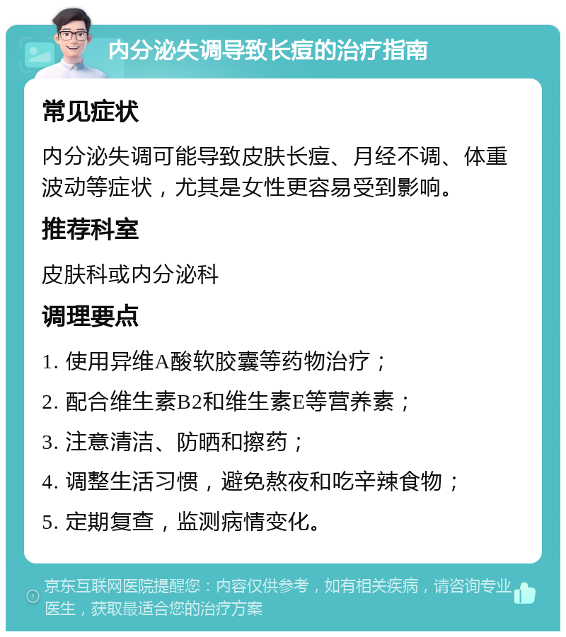 内分泌失调导致长痘的治疗指南 常见症状 内分泌失调可能导致皮肤长痘、月经不调、体重波动等症状，尤其是女性更容易受到影响。 推荐科室 皮肤科或内分泌科 调理要点 1. 使用异维A酸软胶囊等药物治疗； 2. 配合维生素B2和维生素E等营养素； 3. 注意清洁、防晒和擦药； 4. 调整生活习惯，避免熬夜和吃辛辣食物； 5. 定期复查，监测病情变化。