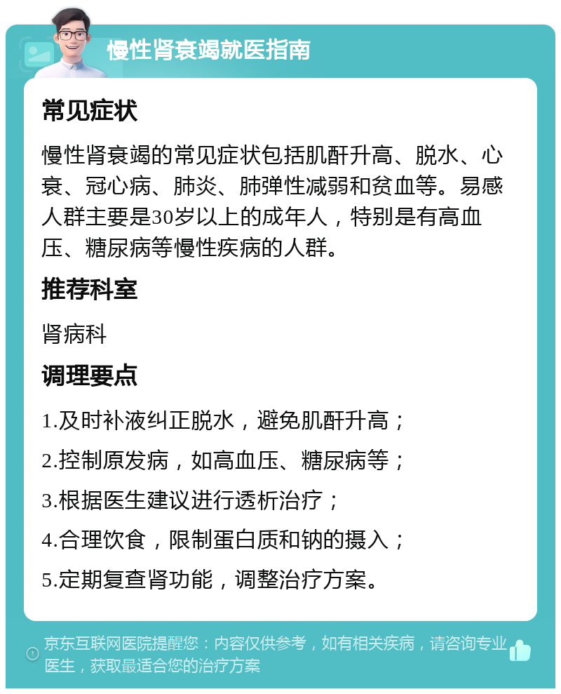 慢性肾衰竭就医指南 常见症状 慢性肾衰竭的常见症状包括肌酐升高、脱水、心衰、冠心病、肺炎、肺弹性减弱和贫血等。易感人群主要是30岁以上的成年人，特别是有高血压、糖尿病等慢性疾病的人群。 推荐科室 肾病科 调理要点 1.及时补液纠正脱水，避免肌酐升高； 2.控制原发病，如高血压、糖尿病等； 3.根据医生建议进行透析治疗； 4.合理饮食，限制蛋白质和钠的摄入； 5.定期复查肾功能，调整治疗方案。