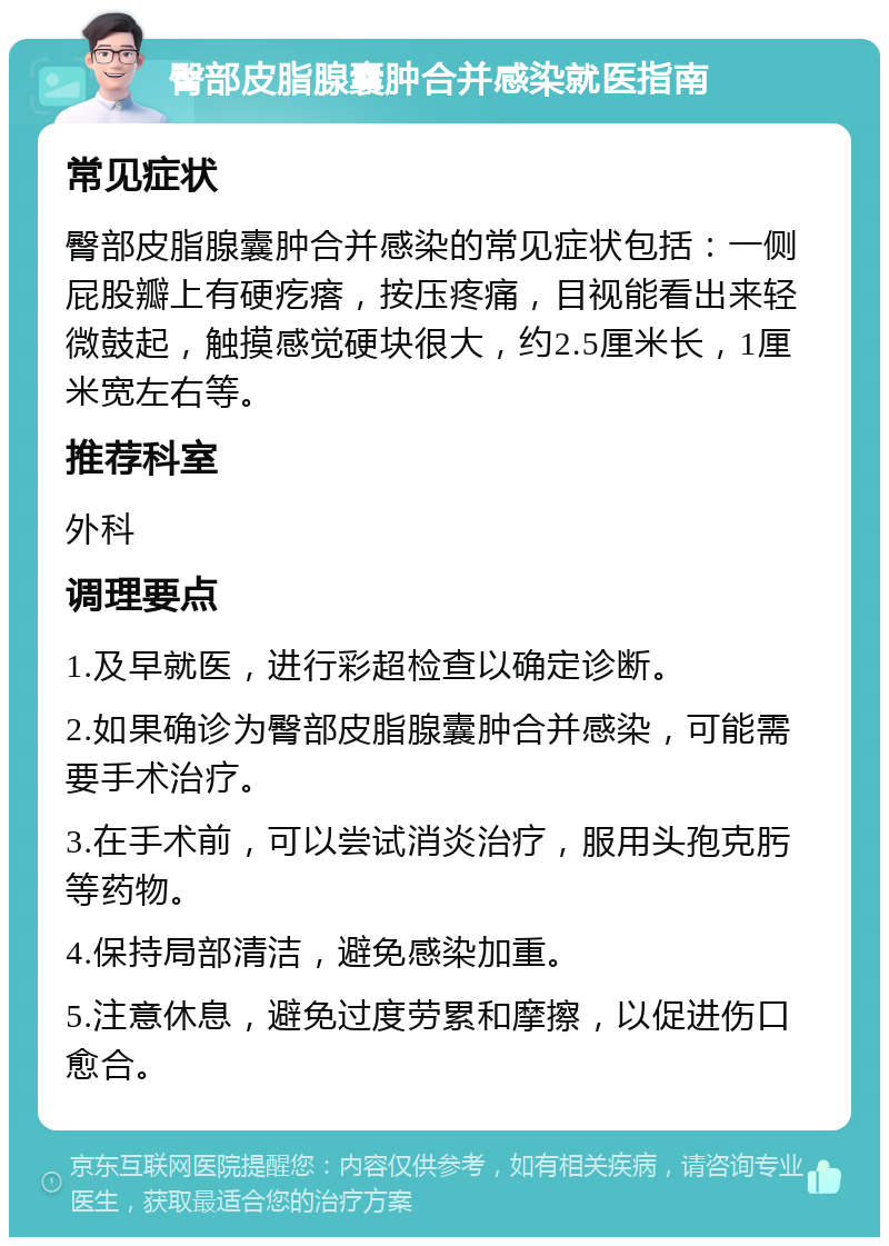 臀部皮脂腺囊肿合并感染就医指南 常见症状 臀部皮脂腺囊肿合并感染的常见症状包括：一侧屁股瓣上有硬疙瘩，按压疼痛，目视能看出来轻微鼓起，触摸感觉硬块很大，约2.5厘米长，1厘米宽左右等。 推荐科室 外科 调理要点 1.及早就医，进行彩超检查以确定诊断。 2.如果确诊为臀部皮脂腺囊肿合并感染，可能需要手术治疗。 3.在手术前，可以尝试消炎治疗，服用头孢克肟等药物。 4.保持局部清洁，避免感染加重。 5.注意休息，避免过度劳累和摩擦，以促进伤口愈合。