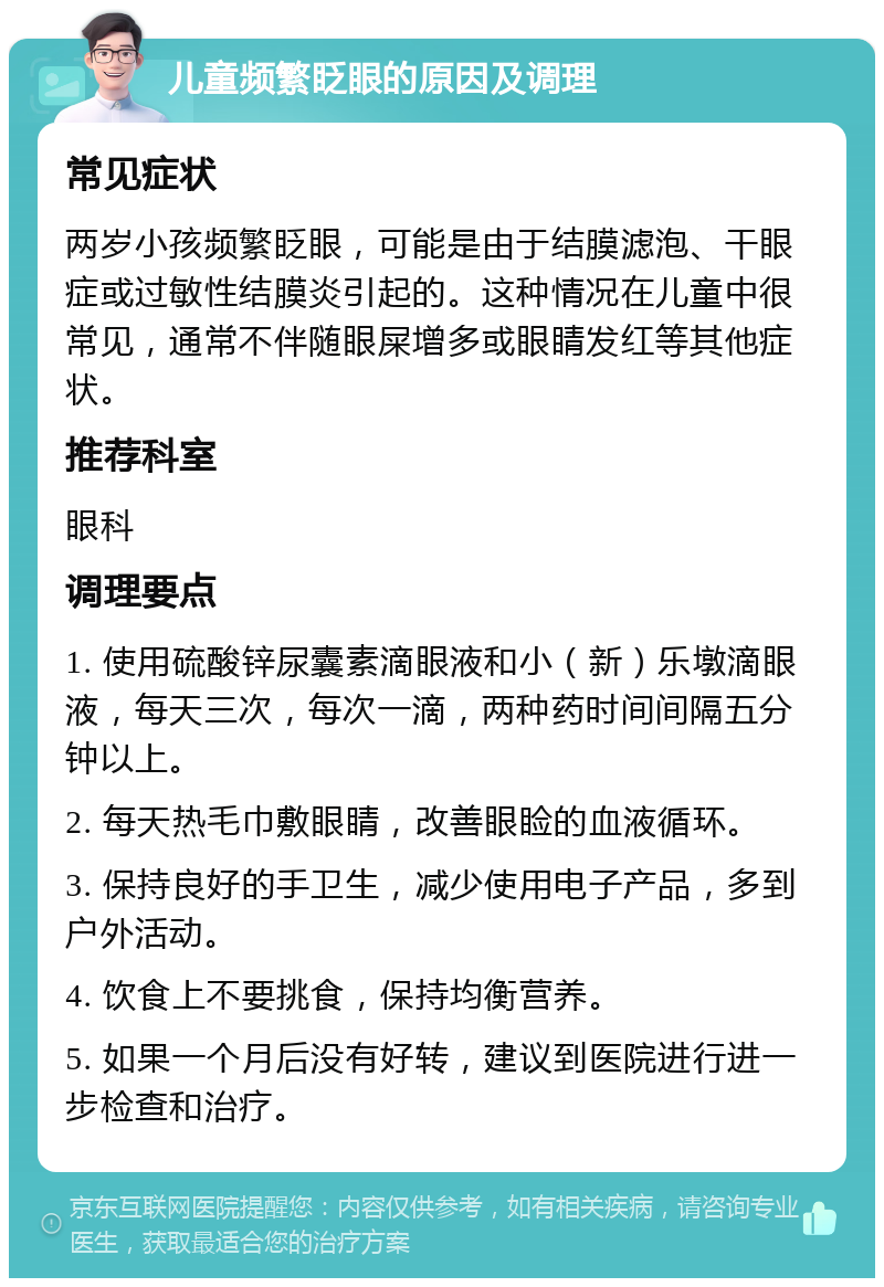 儿童频繁眨眼的原因及调理 常见症状 两岁小孩频繁眨眼，可能是由于结膜滤泡、干眼症或过敏性结膜炎引起的。这种情况在儿童中很常见，通常不伴随眼屎增多或眼睛发红等其他症状。 推荐科室 眼科 调理要点 1. 使用硫酸锌尿囊素滴眼液和小（新）乐墩滴眼液，每天三次，每次一滴，两种药时间间隔五分钟以上。 2. 每天热毛巾敷眼睛，改善眼睑的血液循环。 3. 保持良好的手卫生，减少使用电子产品，多到户外活动。 4. 饮食上不要挑食，保持均衡营养。 5. 如果一个月后没有好转，建议到医院进行进一步检查和治疗。