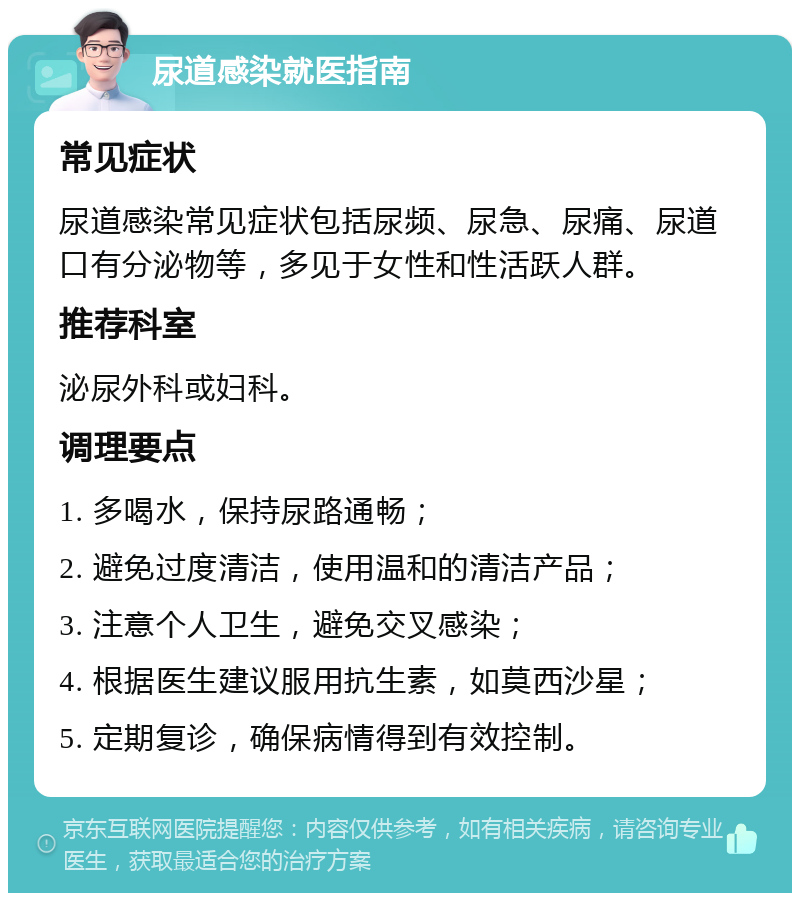 尿道感染就医指南 常见症状 尿道感染常见症状包括尿频、尿急、尿痛、尿道口有分泌物等，多见于女性和性活跃人群。 推荐科室 泌尿外科或妇科。 调理要点 1. 多喝水，保持尿路通畅； 2. 避免过度清洁，使用温和的清洁产品； 3. 注意个人卫生，避免交叉感染； 4. 根据医生建议服用抗生素，如莫西沙星； 5. 定期复诊，确保病情得到有效控制。