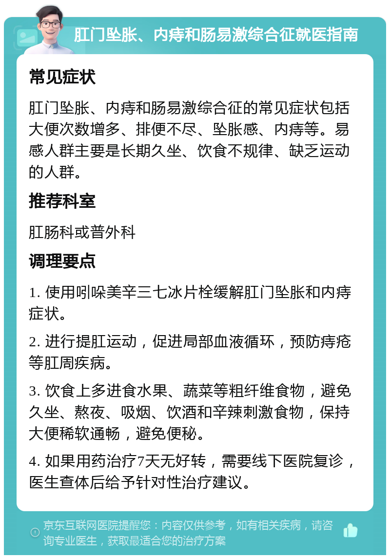 肛门坠胀、内痔和肠易激综合征就医指南 常见症状 肛门坠胀、内痔和肠易激综合征的常见症状包括大便次数增多、排便不尽、坠胀感、内痔等。易感人群主要是长期久坐、饮食不规律、缺乏运动的人群。 推荐科室 肛肠科或普外科 调理要点 1. 使用吲哚美辛三七冰片栓缓解肛门坠胀和内痔症状。 2. 进行提肛运动，促进局部血液循环，预防痔疮等肛周疾病。 3. 饮食上多进食水果、蔬菜等粗纤维食物，避免久坐、熬夜、吸烟、饮酒和辛辣刺激食物，保持大便稀软通畅，避免便秘。 4. 如果用药治疗7天无好转，需要线下医院复诊，医生查体后给予针对性治疗建议。