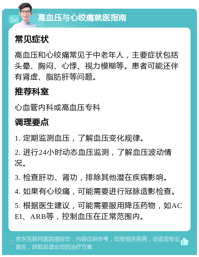 高血压与心绞痛就医指南 常见症状 高血压和心绞痛常见于中老年人，主要症状包括头晕、胸闷、心悸、视力模糊等。患者可能还伴有肾虚、脂肪肝等问题。 推荐科室 心血管内科或高血压专科 调理要点 1. 定期监测血压，了解血压变化规律。 2. 进行24小时动态血压监测，了解血压波动情况。 3. 检查肝功、肾功，排除其他潜在疾病影响。 4. 如果有心绞痛，可能需要进行冠脉造影检查。 5. 根据医生建议，可能需要服用降压药物，如ACEI、ARB等，控制血压在正常范围内。