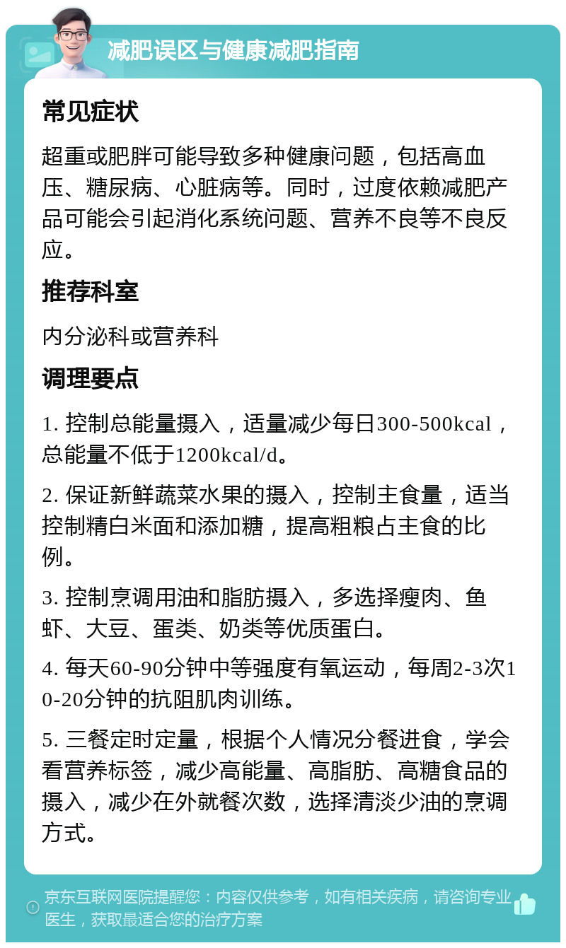 减肥误区与健康减肥指南 常见症状 超重或肥胖可能导致多种健康问题，包括高血压、糖尿病、心脏病等。同时，过度依赖减肥产品可能会引起消化系统问题、营养不良等不良反应。 推荐科室 内分泌科或营养科 调理要点 1. 控制总能量摄入，适量减少每日300-500kcal，总能量不低于1200kcal/d。 2. 保证新鲜蔬菜水果的摄入，控制主食量，适当控制精白米面和添加糖，提高粗粮占主食的比例。 3. 控制烹调用油和脂肪摄入，多选择瘦肉、鱼虾、大豆、蛋类、奶类等优质蛋白。 4. 每天60-90分钟中等强度有氧运动，每周2-3次10-20分钟的抗阻肌肉训练。 5. 三餐定时定量，根据个人情况分餐进食，学会看营养标签，减少高能量、高脂肪、高糖食品的摄入，减少在外就餐次数，选择清淡少油的烹调方式。