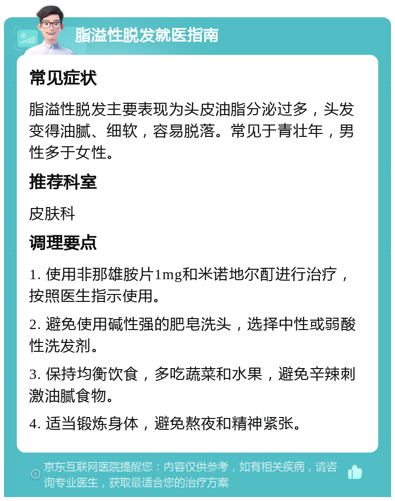 脂溢性脱发就医指南 常见症状 脂溢性脱发主要表现为头皮油脂分泌过多，头发变得油腻、细软，容易脱落。常见于青壮年，男性多于女性。 推荐科室 皮肤科 调理要点 1. 使用非那雄胺片1mg和米诺地尔酊进行治疗，按照医生指示使用。 2. 避免使用碱性强的肥皂洗头，选择中性或弱酸性洗发剂。 3. 保持均衡饮食，多吃蔬菜和水果，避免辛辣刺激油腻食物。 4. 适当锻炼身体，避免熬夜和精神紧张。