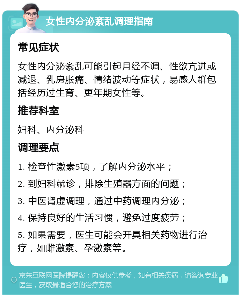 女性内分泌紊乱调理指南 常见症状 女性内分泌紊乱可能引起月经不调、性欲亢进或减退、乳房胀痛、情绪波动等症状，易感人群包括经历过生育、更年期女性等。 推荐科室 妇科、内分泌科 调理要点 1. 检查性激素5项，了解内分泌水平； 2. 到妇科就诊，排除生殖器方面的问题； 3. 中医肾虚调理，通过中药调理内分泌； 4. 保持良好的生活习惯，避免过度疲劳； 5. 如果需要，医生可能会开具相关药物进行治疗，如雌激素、孕激素等。