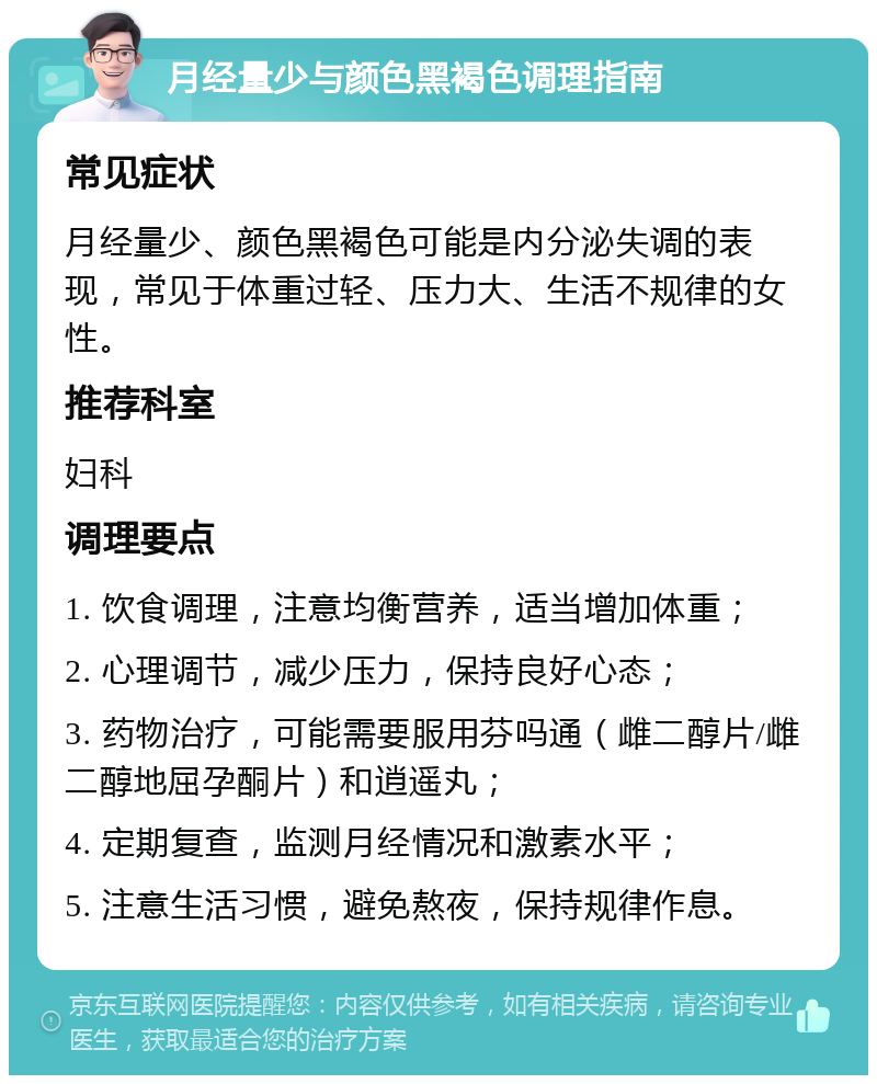 月经量少与颜色黑褐色调理指南 常见症状 月经量少、颜色黑褐色可能是内分泌失调的表现，常见于体重过轻、压力大、生活不规律的女性。 推荐科室 妇科 调理要点 1. 饮食调理，注意均衡营养，适当增加体重； 2. 心理调节，减少压力，保持良好心态； 3. 药物治疗，可能需要服用芬吗通（雌二醇片/雌二醇地屈孕酮片）和逍遥丸； 4. 定期复查，监测月经情况和激素水平； 5. 注意生活习惯，避免熬夜，保持规律作息。