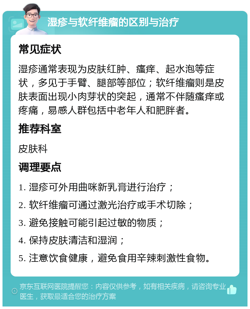 湿疹与软纤维瘤的区别与治疗 常见症状 湿疹通常表现为皮肤红肿、瘙痒、起水泡等症状，多见于手臂、腿部等部位；软纤维瘤则是皮肤表面出现小肉芽状的突起，通常不伴随瘙痒或疼痛，易感人群包括中老年人和肥胖者。 推荐科室 皮肤科 调理要点 1. 湿疹可外用曲咪新乳膏进行治疗； 2. 软纤维瘤可通过激光治疗或手术切除； 3. 避免接触可能引起过敏的物质； 4. 保持皮肤清洁和湿润； 5. 注意饮食健康，避免食用辛辣刺激性食物。