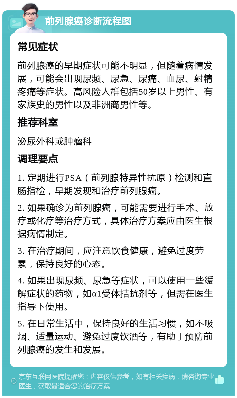 前列腺癌诊断流程图 常见症状 前列腺癌的早期症状可能不明显，但随着病情发展，可能会出现尿频、尿急、尿痛、血尿、射精疼痛等症状。高风险人群包括50岁以上男性、有家族史的男性以及非洲裔男性等。 推荐科室 泌尿外科或肿瘤科 调理要点 1. 定期进行PSA（前列腺特异性抗原）检测和直肠指检，早期发现和治疗前列腺癌。 2. 如果确诊为前列腺癌，可能需要进行手术、放疗或化疗等治疗方式，具体治疗方案应由医生根据病情制定。 3. 在治疗期间，应注意饮食健康，避免过度劳累，保持良好的心态。 4. 如果出现尿频、尿急等症状，可以使用一些缓解症状的药物，如α1受体拮抗剂等，但需在医生指导下使用。 5. 在日常生活中，保持良好的生活习惯，如不吸烟、适量运动、避免过度饮酒等，有助于预防前列腺癌的发生和发展。