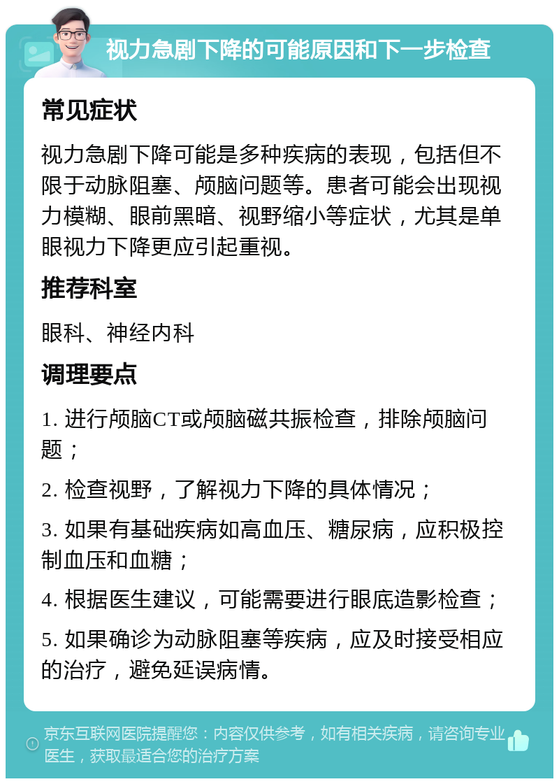 视力急剧下降的可能原因和下一步检查 常见症状 视力急剧下降可能是多种疾病的表现，包括但不限于动脉阻塞、颅脑问题等。患者可能会出现视力模糊、眼前黑暗、视野缩小等症状，尤其是单眼视力下降更应引起重视。 推荐科室 眼科、神经内科 调理要点 1. 进行颅脑CT或颅脑磁共振检查，排除颅脑问题； 2. 检查视野，了解视力下降的具体情况； 3. 如果有基础疾病如高血压、糖尿病，应积极控制血压和血糖； 4. 根据医生建议，可能需要进行眼底造影检查； 5. 如果确诊为动脉阻塞等疾病，应及时接受相应的治疗，避免延误病情。