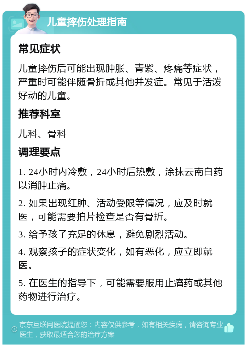 儿童摔伤处理指南 常见症状 儿童摔伤后可能出现肿胀、青紫、疼痛等症状，严重时可能伴随骨折或其他并发症。常见于活泼好动的儿童。 推荐科室 儿科、骨科 调理要点 1. 24小时内冷敷，24小时后热敷，涂抹云南白药以消肿止痛。 2. 如果出现红肿、活动受限等情况，应及时就医，可能需要拍片检查是否有骨折。 3. 给予孩子充足的休息，避免剧烈活动。 4. 观察孩子的症状变化，如有恶化，应立即就医。 5. 在医生的指导下，可能需要服用止痛药或其他药物进行治疗。