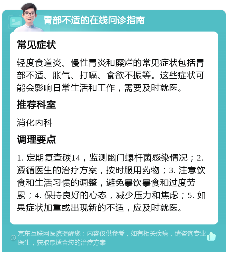 胃部不适的在线问诊指南 常见症状 轻度食道炎、慢性胃炎和糜烂的常见症状包括胃部不适、胀气、打嗝、食欲不振等。这些症状可能会影响日常生活和工作，需要及时就医。 推荐科室 消化内科 调理要点 1. 定期复查碳14，监测幽门螺杆菌感染情况；2. 遵循医生的治疗方案，按时服用药物；3. 注意饮食和生活习惯的调整，避免暴饮暴食和过度劳累；4. 保持良好的心态，减少压力和焦虑；5. 如果症状加重或出现新的不适，应及时就医。